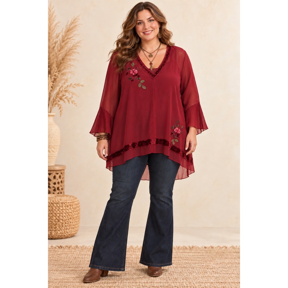 BohoGlam Whimsigoth Western Dark Red Velvet Beads Embroidered Chiffon 20W Top